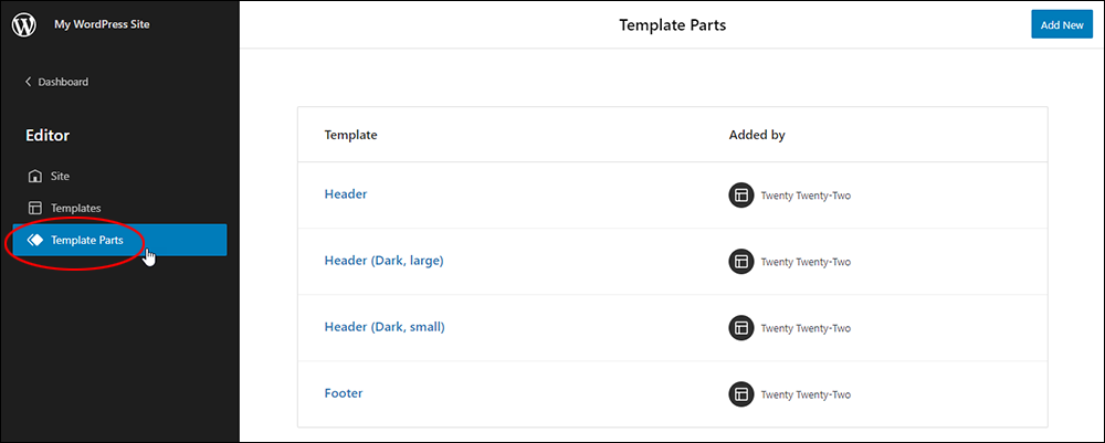 Site Editor - Template Parts