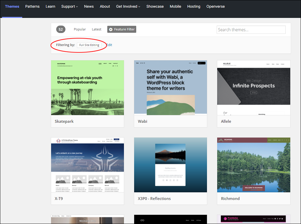 WordPress Theme Directory - List of all themes that support Full Site Editing.