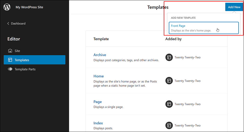 Templates - Add New - Front Page