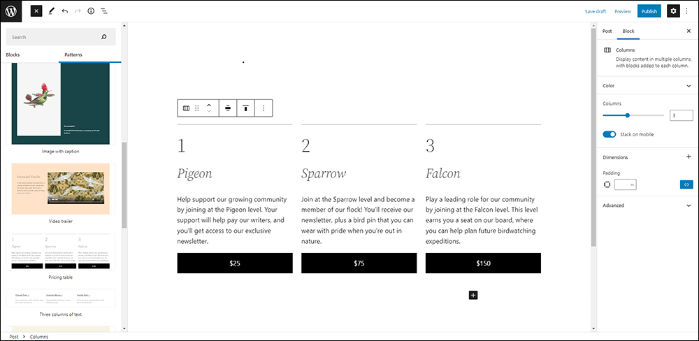 Block Pattern - Pricing table