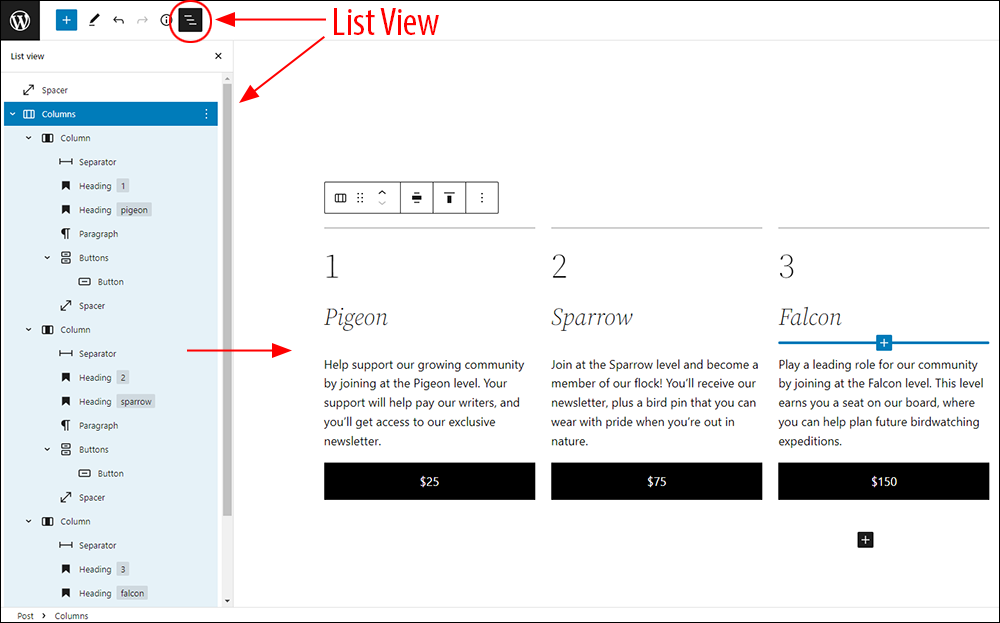 Block Patterns - List View