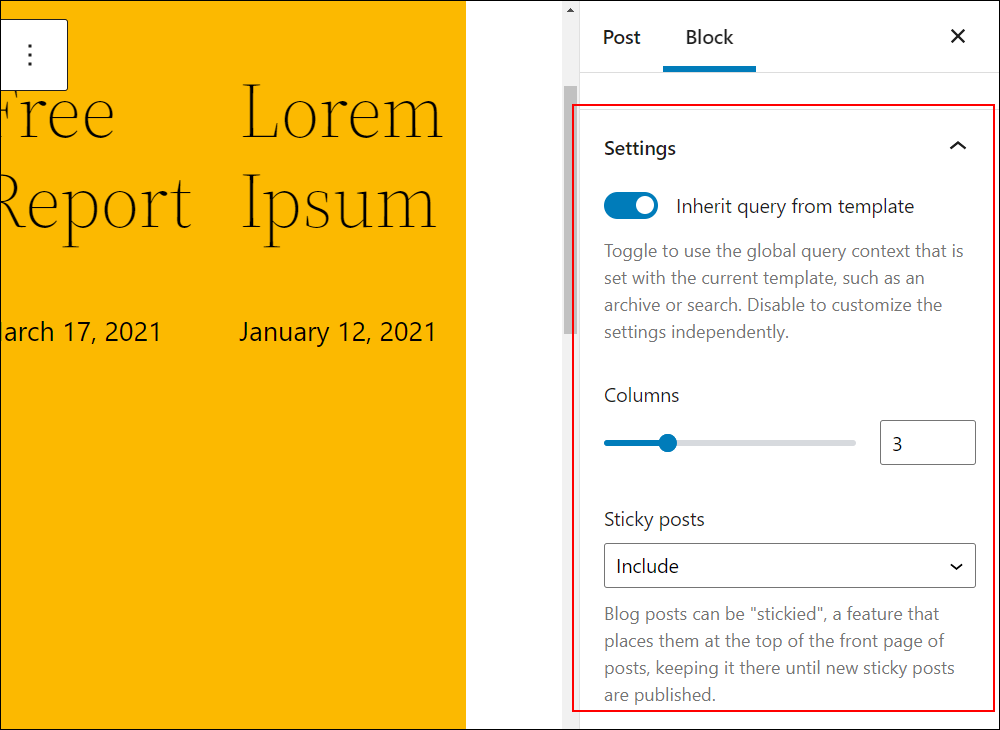 Query Loop block settings - Inherit query from template toggle on.