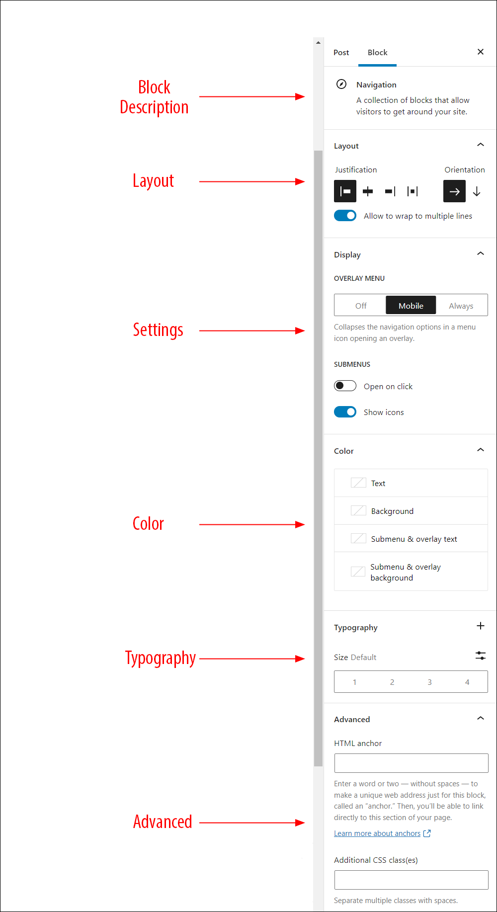 Navigation block settings.