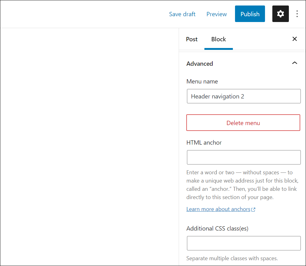 Navigation block - Advanced Settings.