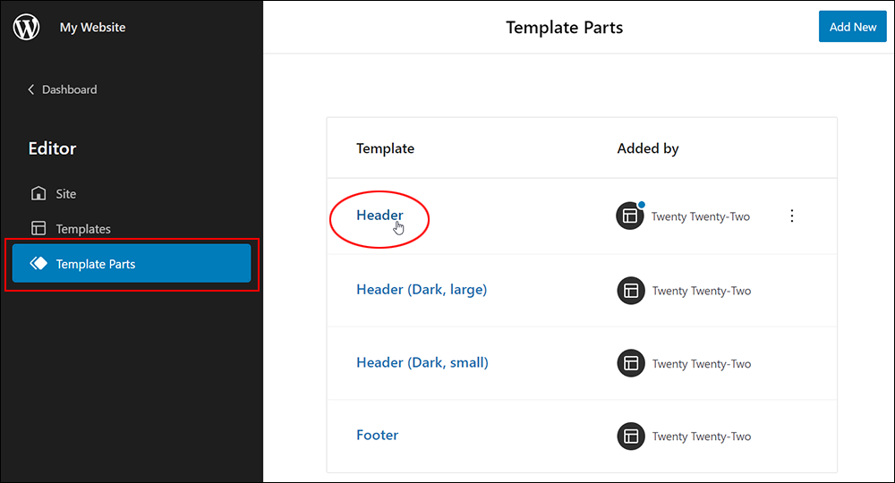 Site Editor - Template Parts - Header