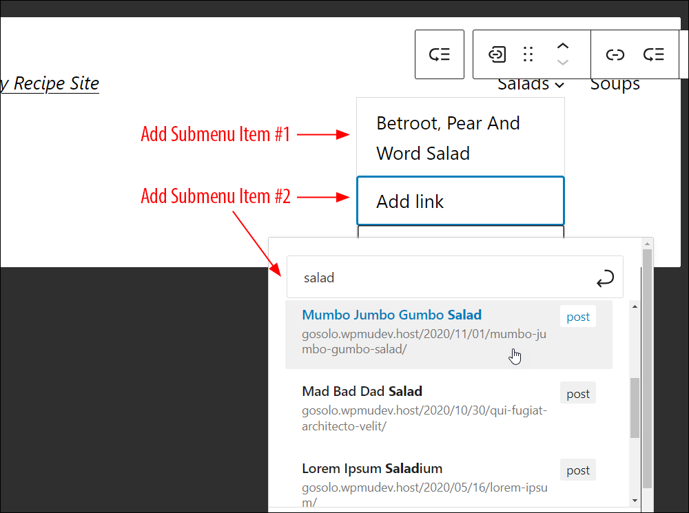 Navigation block - Add links.