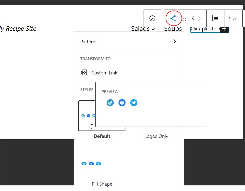 Social Icon block with Patterns menu.