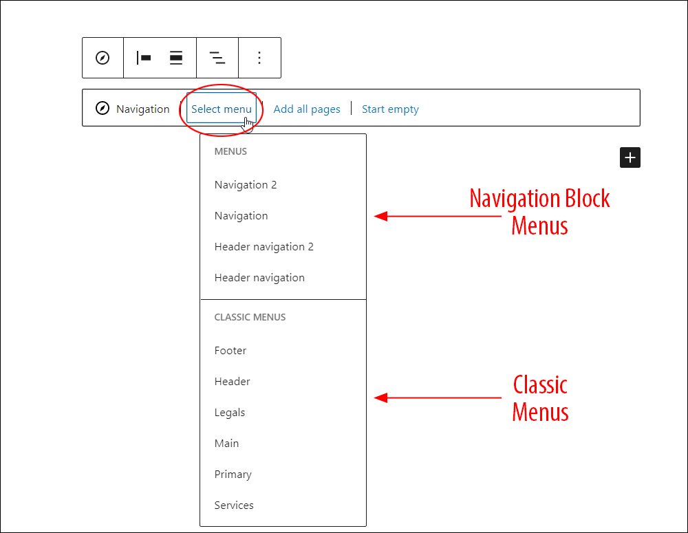 Navigation block - Select menu.