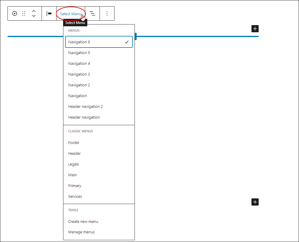 Navigation block - Select menu