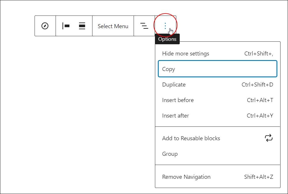 Navigation block - Options