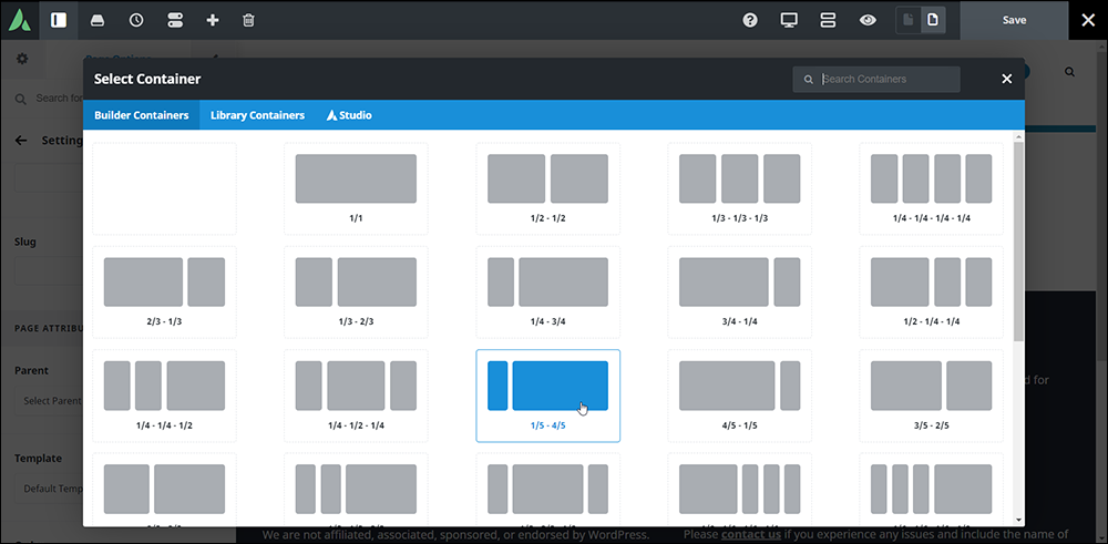 Avada Page Builder - Select Container screen