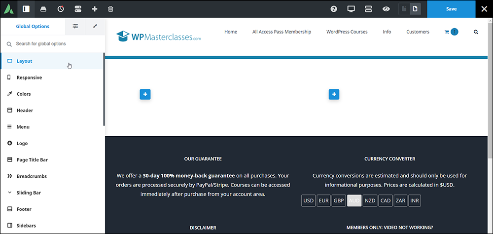Avada Page Builder - Global Options menu.