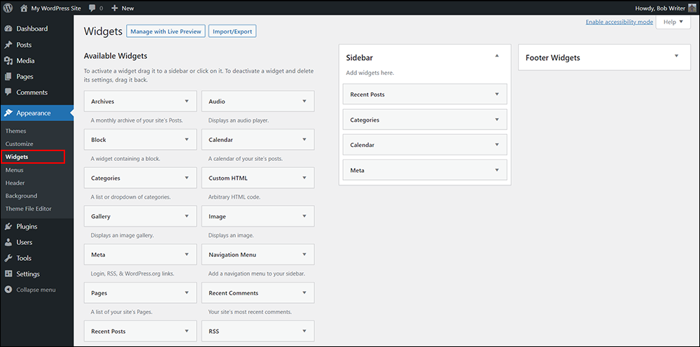 WordPress Classic Widgets screen.