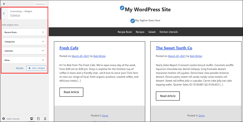 Widgets section in the WordPress Theme Customizer.