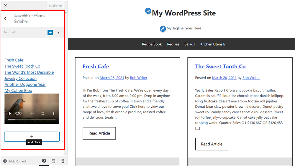 The WordPress Theme Customizer with the Block Widgets section.