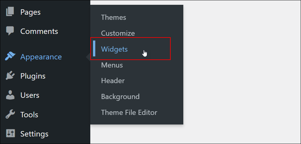 Appearance - Widgets menu.