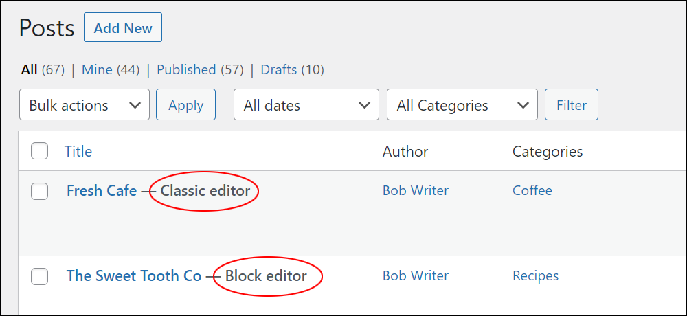 Posts screen showing which posts or pages were created using the Classic or Block editor.