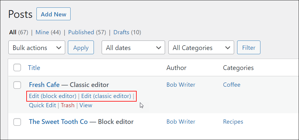 Posts screen - edit posts using the block or classic editor.