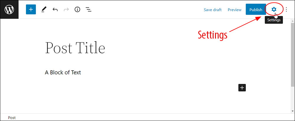 Block Editor Post screen - Settings icon