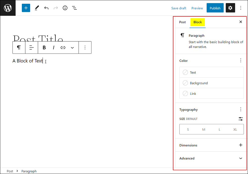 Paragraph block settings displayed in the Block Settings panel.