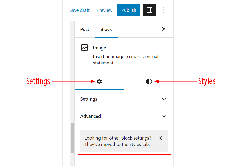 WordPress Block Settings: Settings and Styles tabs