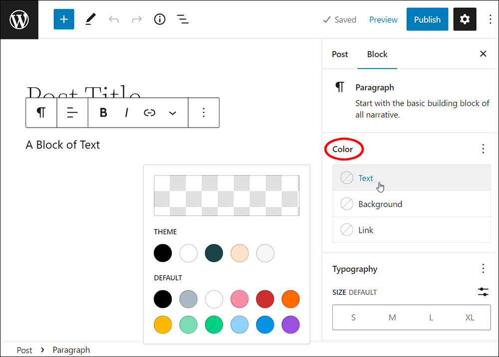 Color settings option in the Block settings panel.