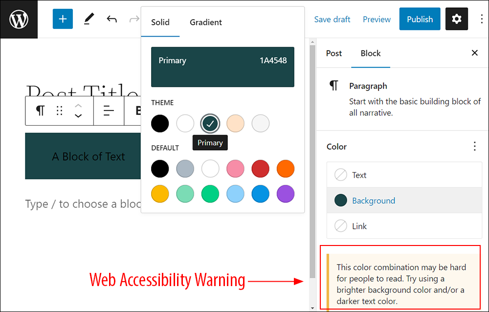 Accessibility warning displayed when color combinations are hard for people to read.