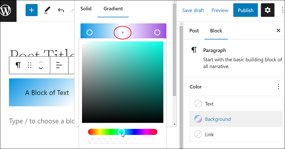 Gradient tool with control point selected.