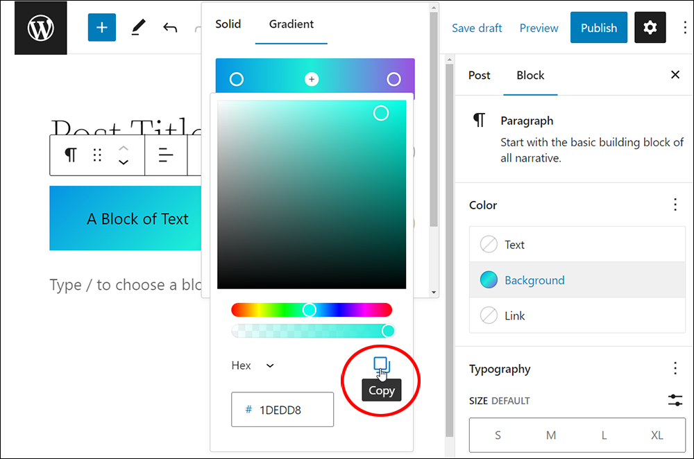 WordPress Block Color Settings - copy color values button.