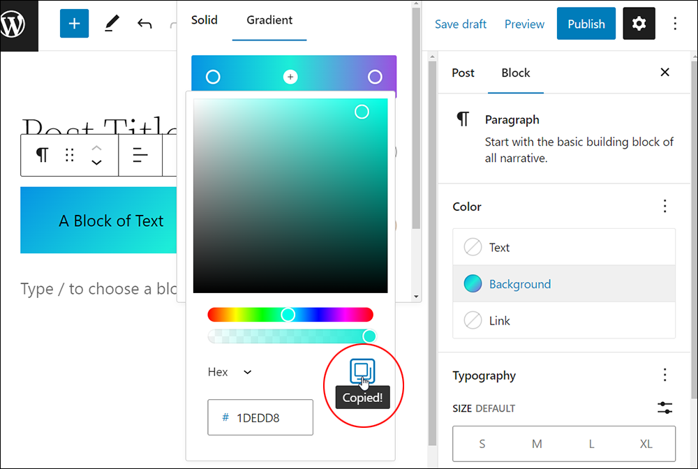 WordPress Block Color Settings - color values copied.