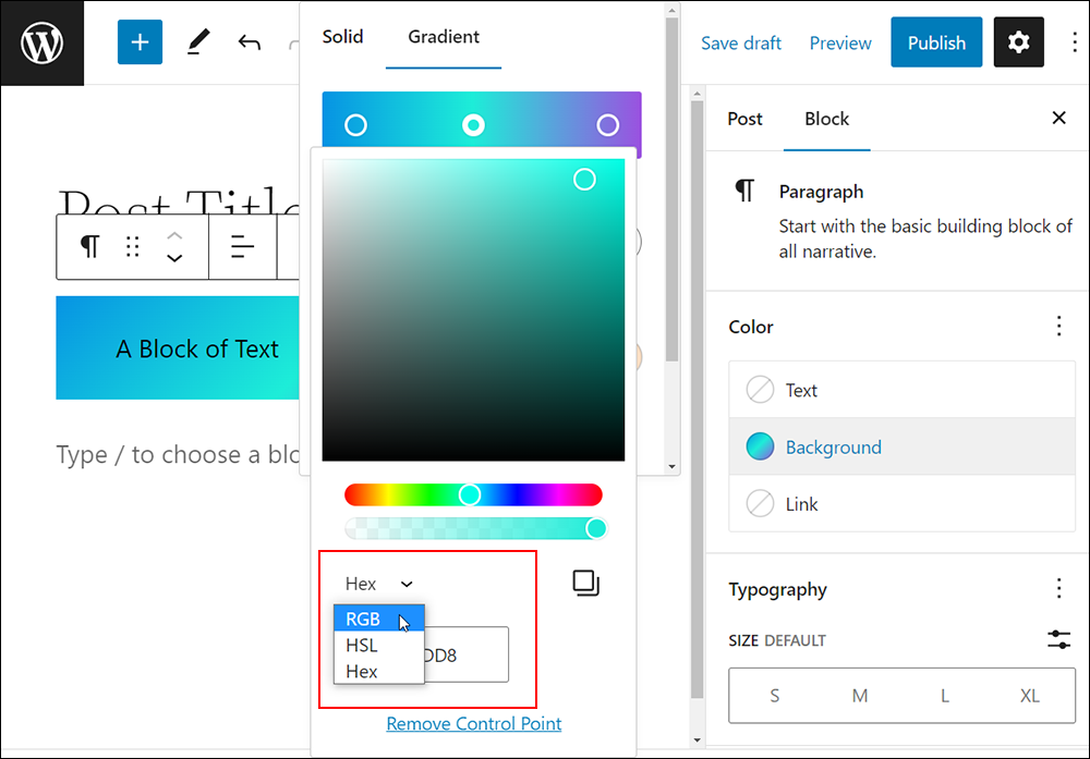 Gradient tool color system options in dropdown menu.