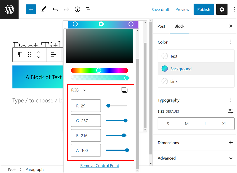 WordPress Block Color Settings - Color picker: RGBA values.