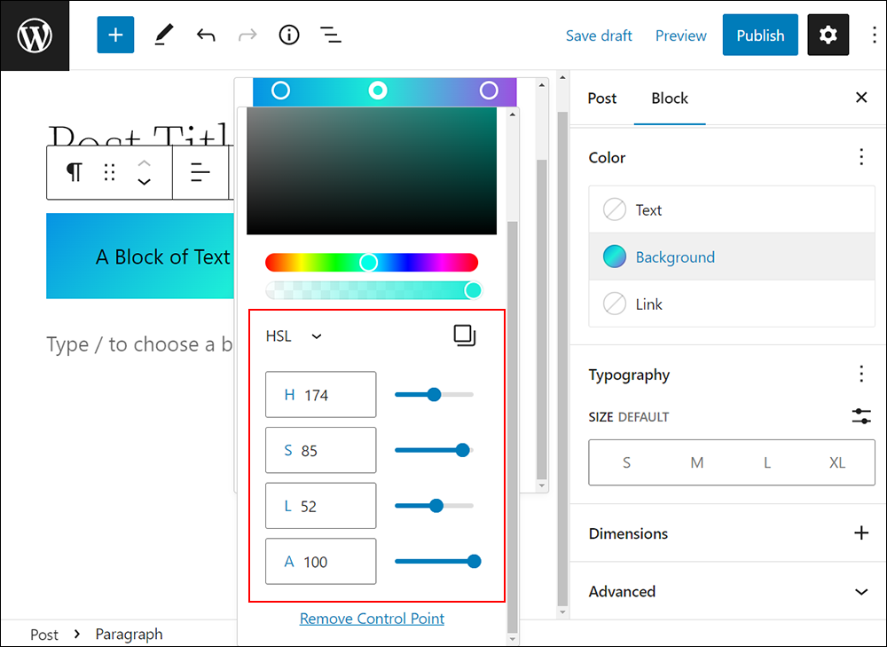 WordPress Block Color Settings - Color picker: HSL values.