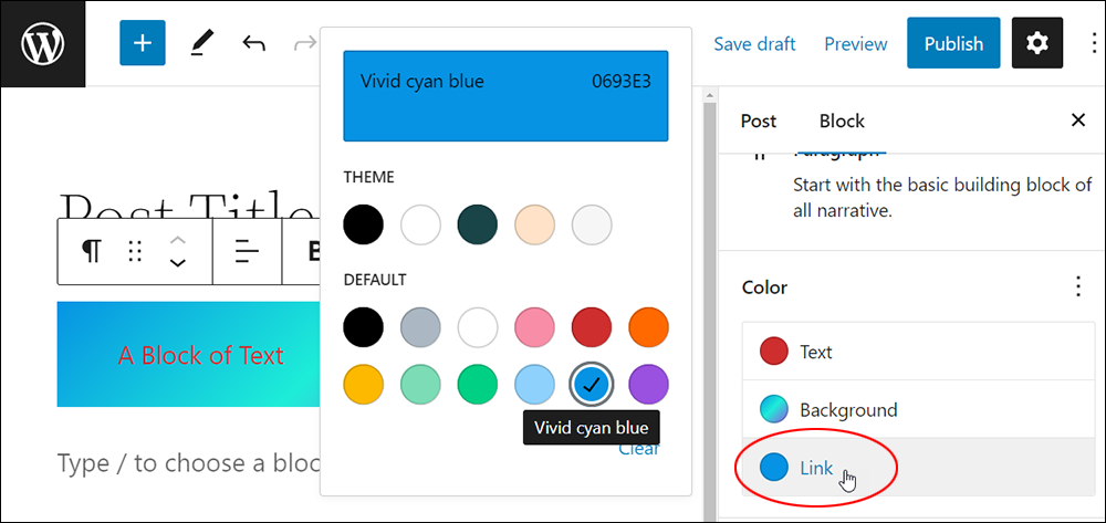 WordPress Block Color Settings - Link color settings