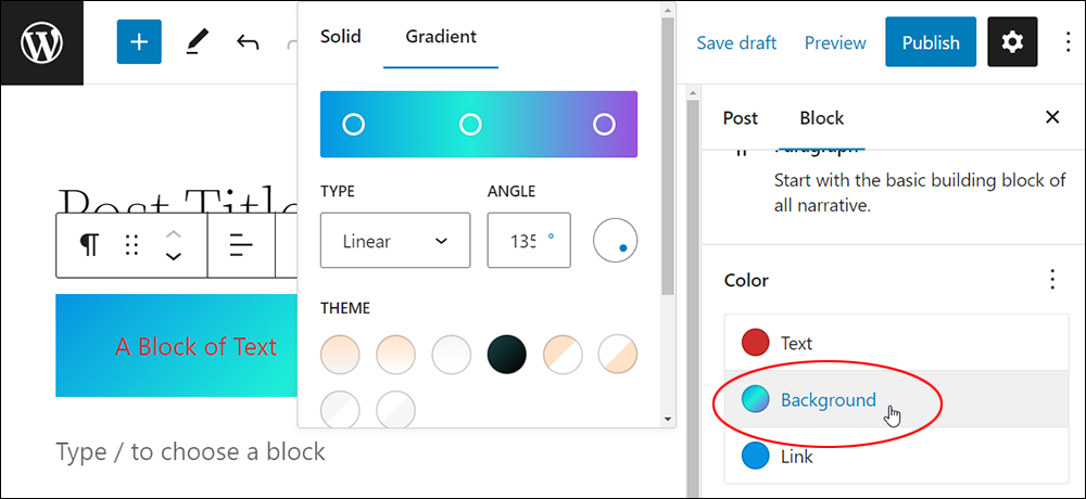 WordPress Block Color Settings: Background color options.