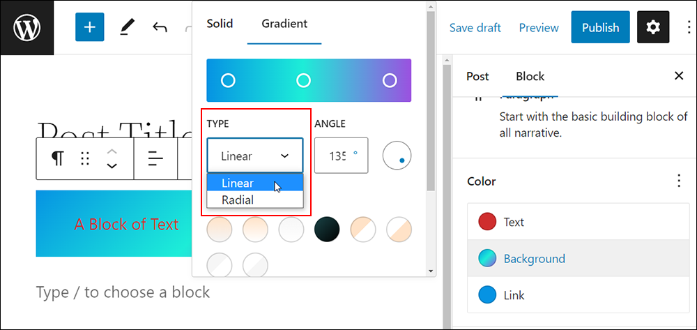 WordPress Block Color Settings - Gradient Type options.