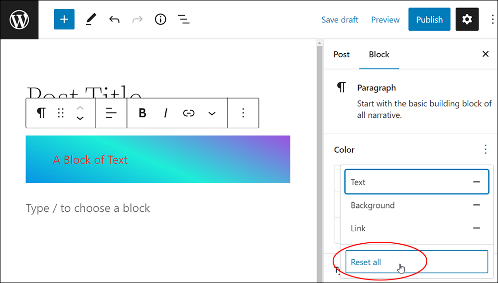 WordPress Block Color Settings - Reset all color settings