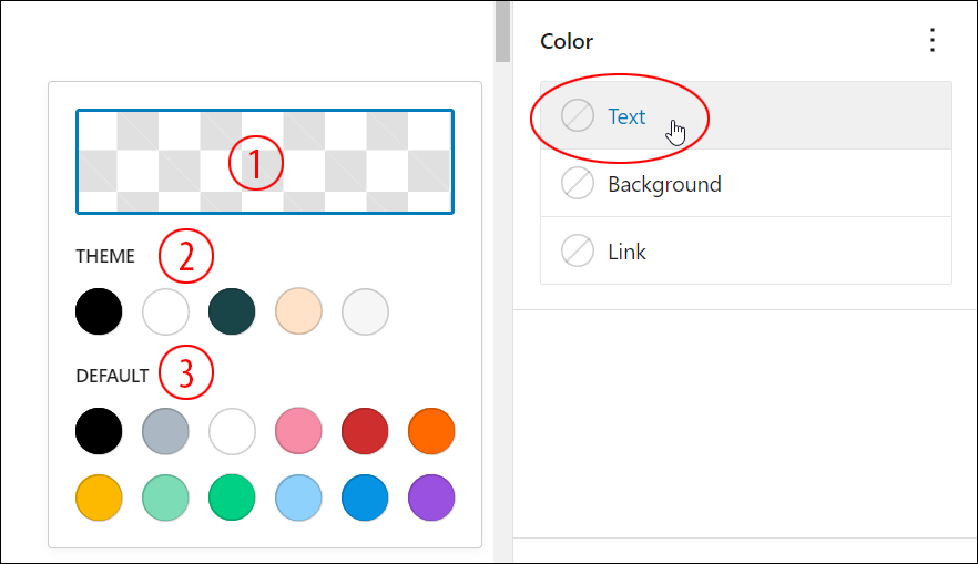 WordPress Block Settings: Color Settings -Text color popup properties