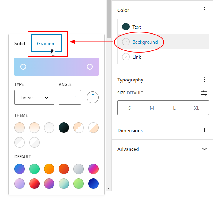 WordPress Block Color Settings - Background color Gradient tab.