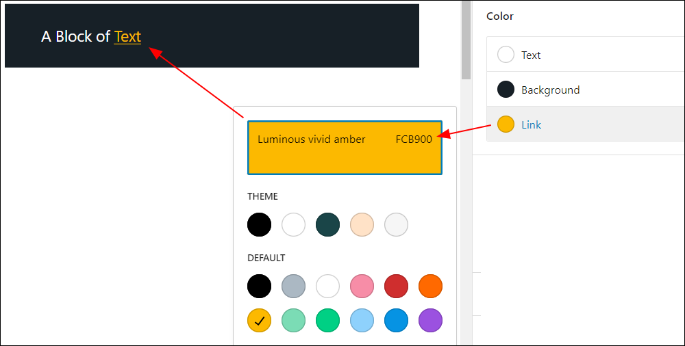 WordPress Block Color Settings - Link color settings.