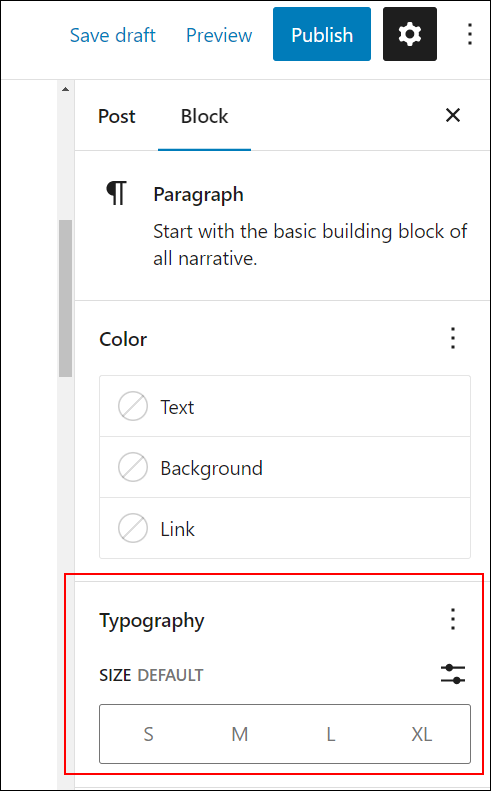 Block Settings: Typography - Default settings: Font Size