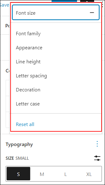 Block Settings: Typography - Options list.