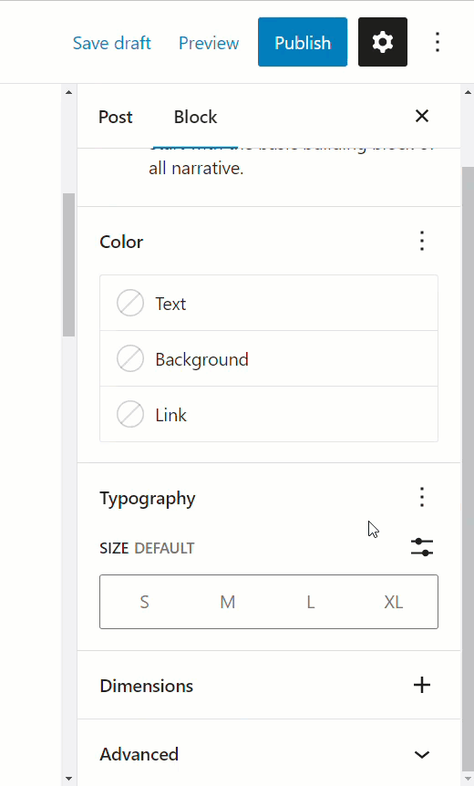 Animated gif of Block Settings: Typography options