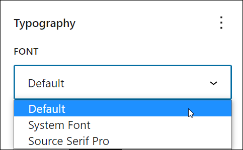 Block Settings: Typography - Typography options - Font family - Font dropdown menu.