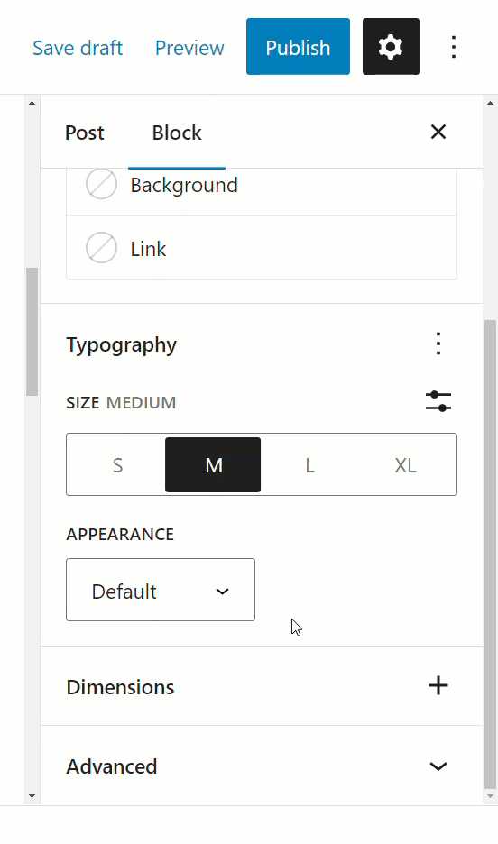 Block Settings: Typography - Typography options - Appearance menu