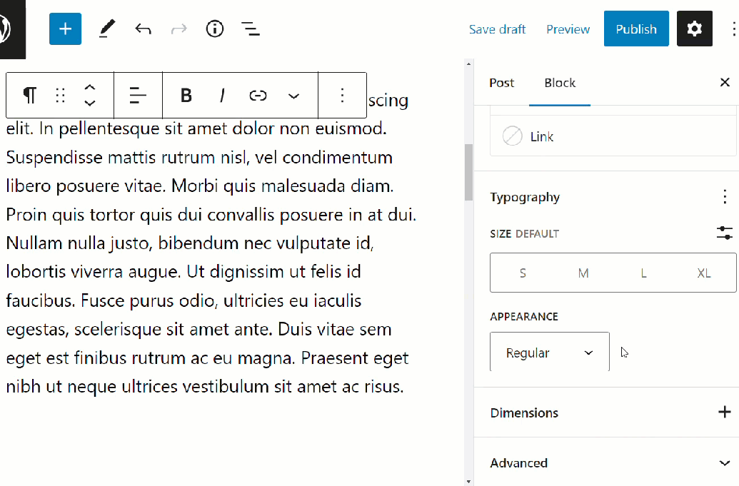 Block Settings: Typography - Typography options - Appearance options