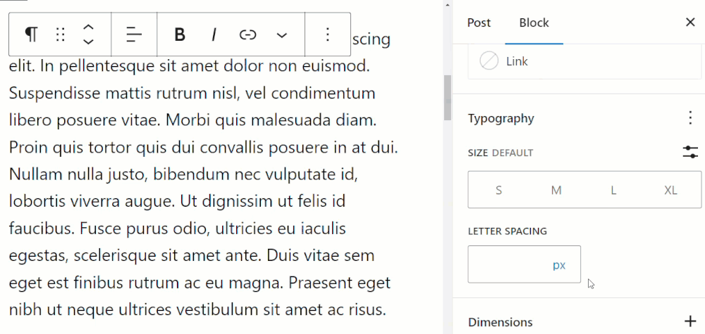 Block Settings: Typography - Typography options - Letter spacing