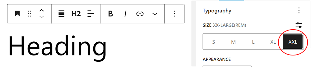 Block Settings: Typography - Font Size XXL