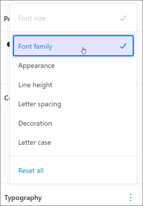 Block Settings: Typography - Typography options - Font family