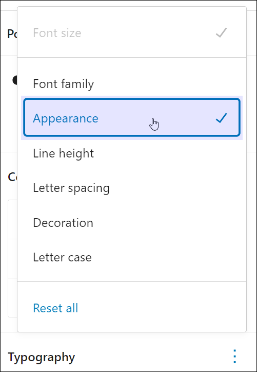 Block Settings: Typography - Typography options - Appearance